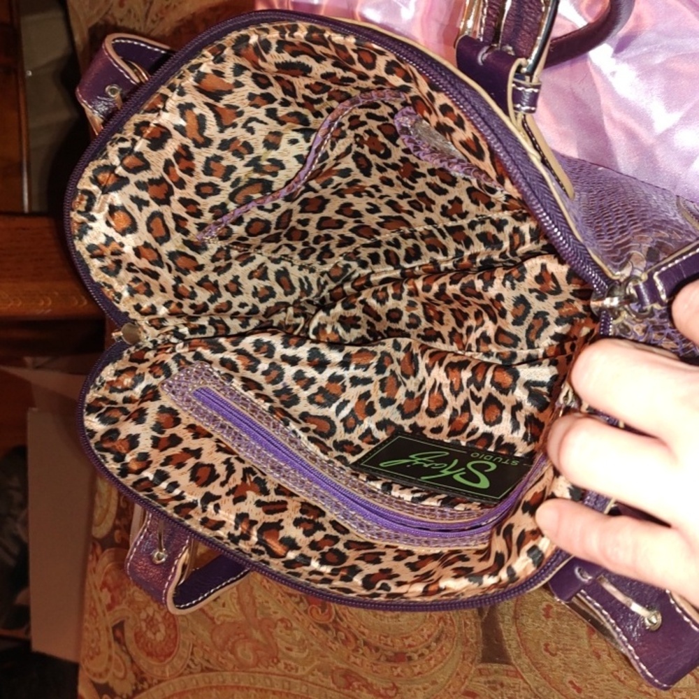Sharif Studio Purple Snakeskin studded w/leopard print Shoulderbag. $279 Retail. - Picture 7 of 12